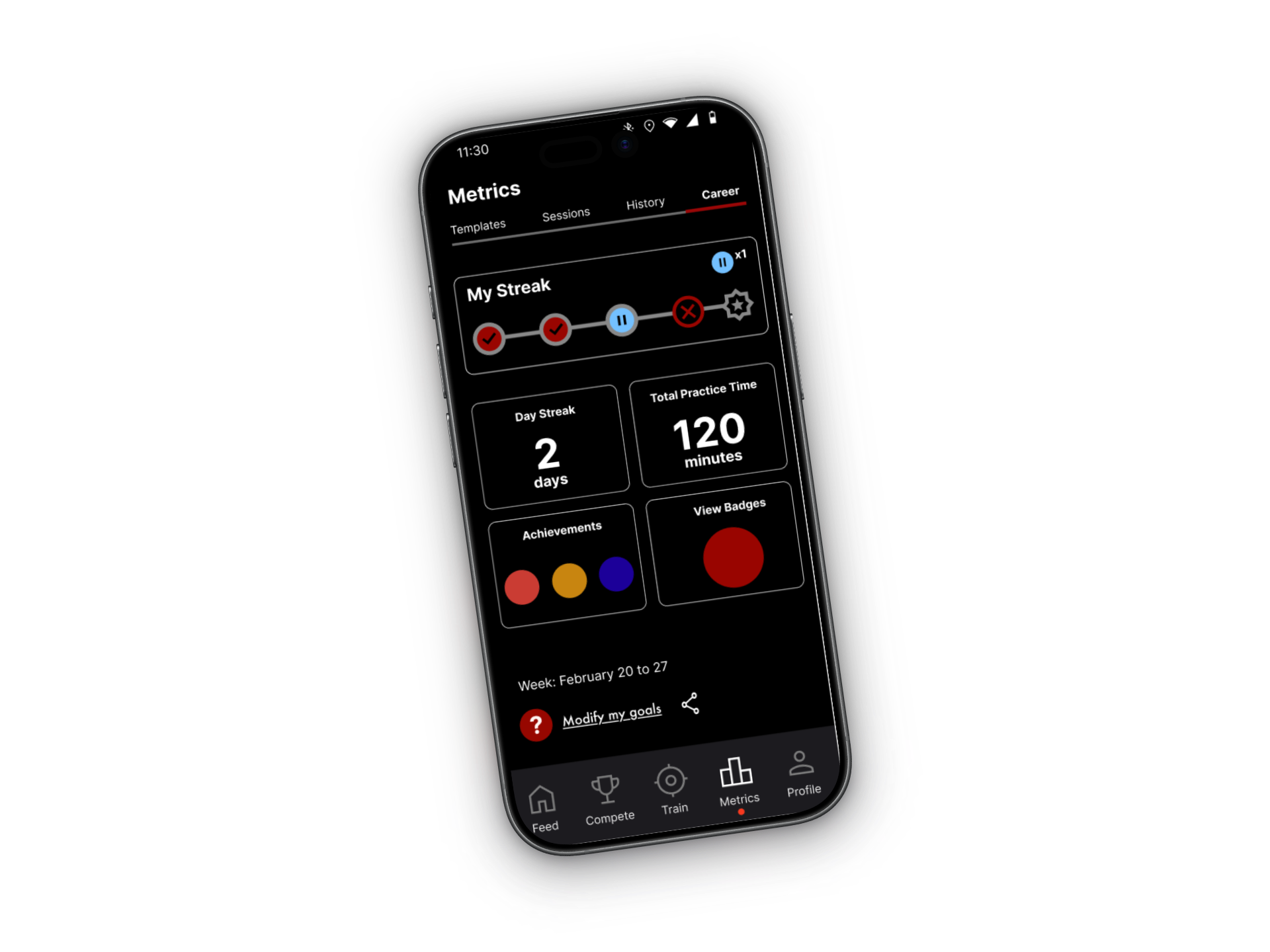 Strikeman mobile app metrics and training progress interface